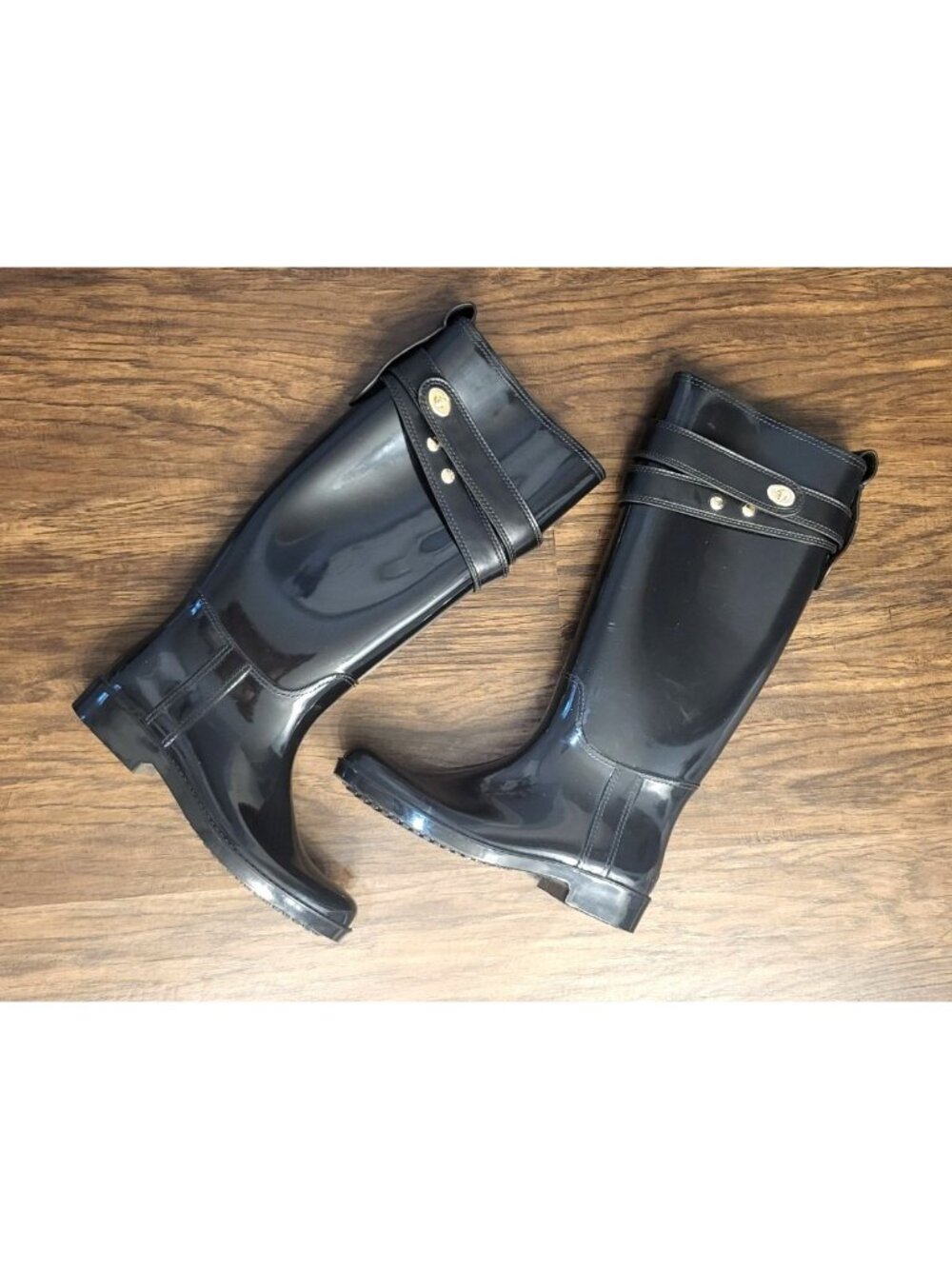 Womens Coach Tara Black Shiny Tall Rainboots 7 Turn Lock Straps